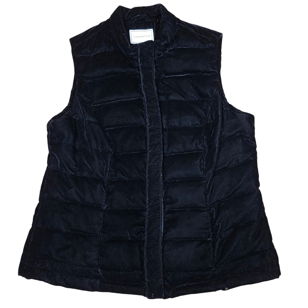 Charter Club Vest Puffer‎ Velvet Quilted Mock Neck Black Petite Large PL